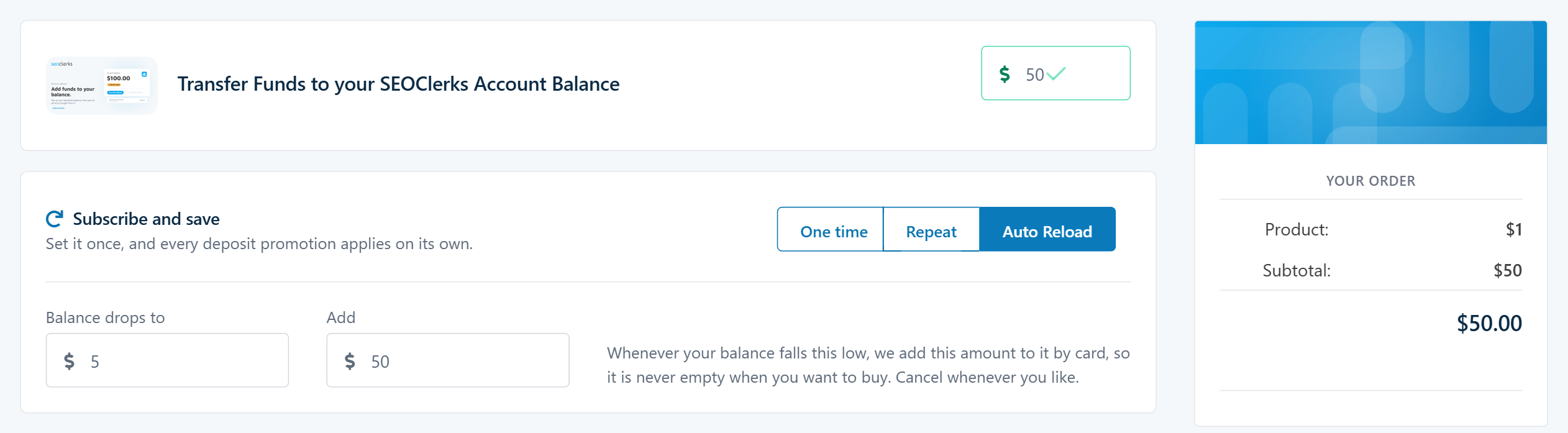 Auto Reload selected, with the Balance drops to and Add fields