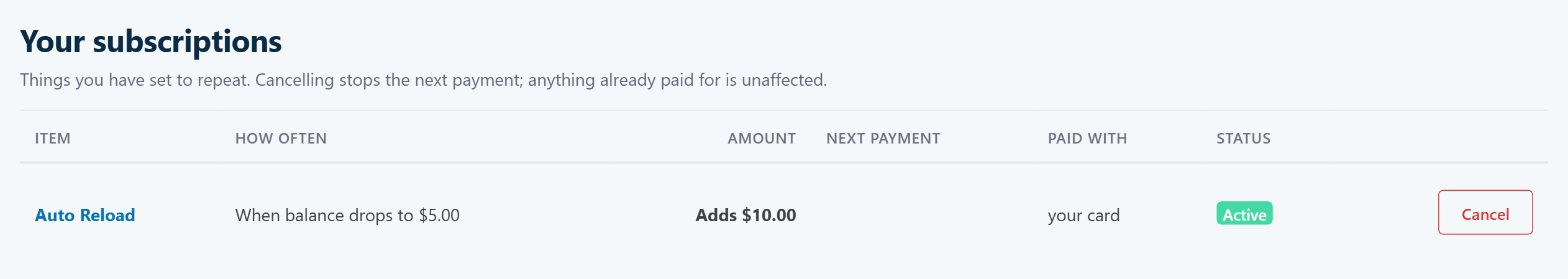 The Subscriptions page listing an Auto Reload