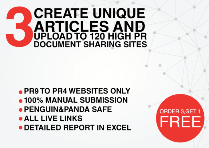 create 3 unique articles and upload to 120 high pr document sharing sites