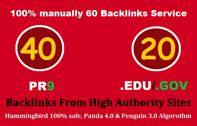 I will manually do 40 PR9 + 20 EDU/GOV Safe SEO High Pr Backlinks