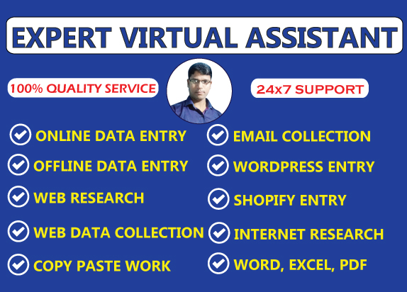 I will be your virtual assistant expert for data entry, web research, copy past work