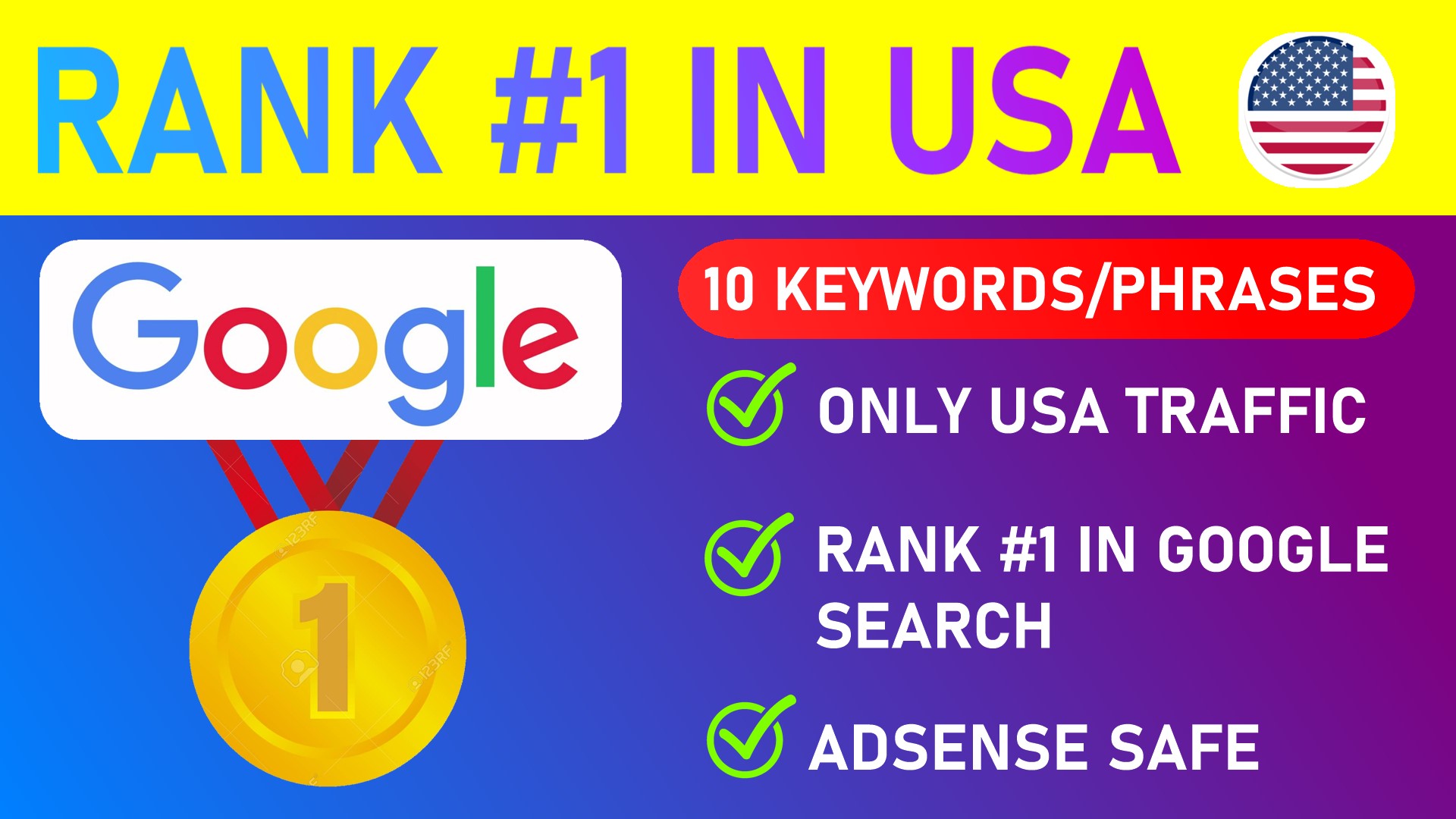 Rank #1 in USA Google Search for any 10 KEYWORDS & Phrases - Only USA Traffic 