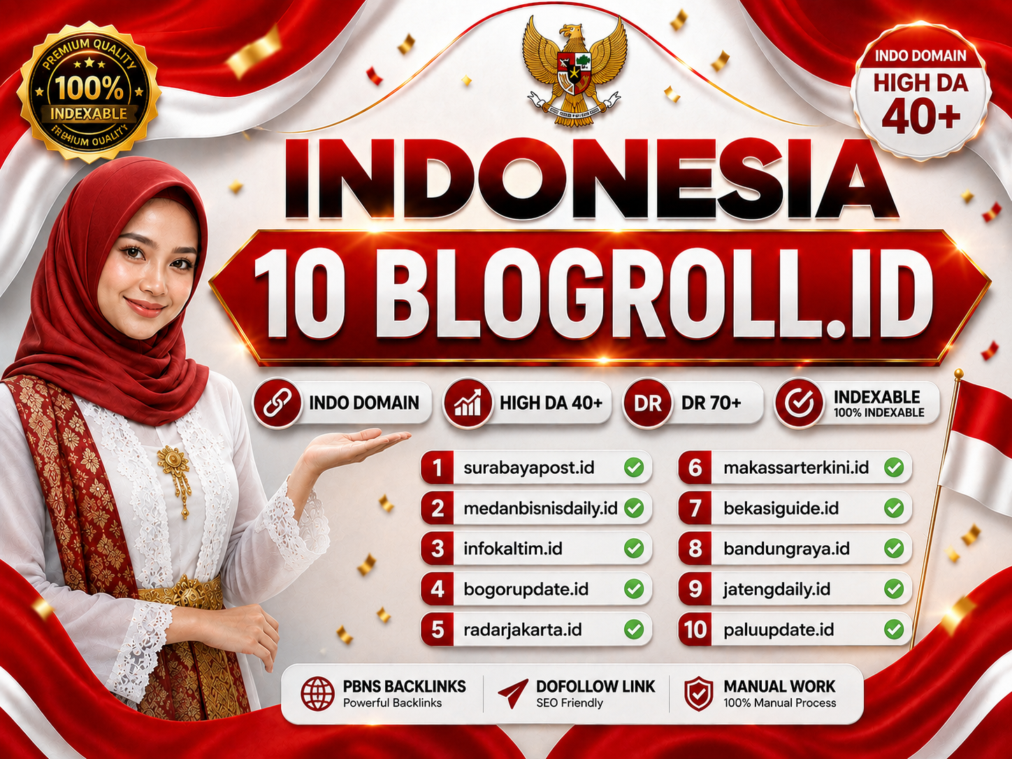 10 blogroll .id Indo domain High DA 40 DR 70+ Indexble PBNS Backlinks 