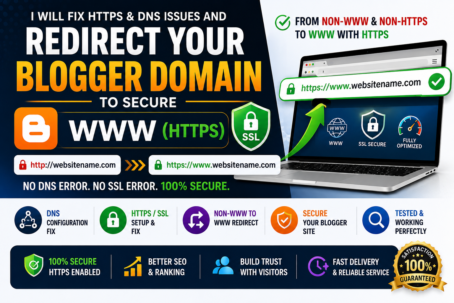 I Will Fix Blogger Custom Domain HTTPS, DNS Errors, SSL Certificate & Non-WWW to WWW Redirect