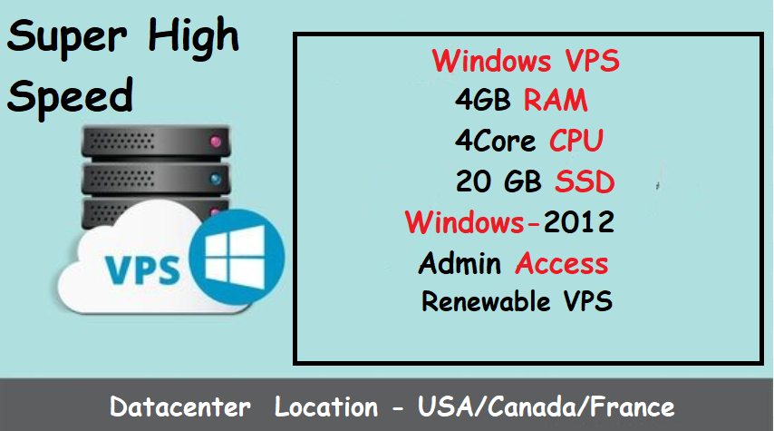  4GB RAM 4Core Cpu Windows VPS with montly renewable 