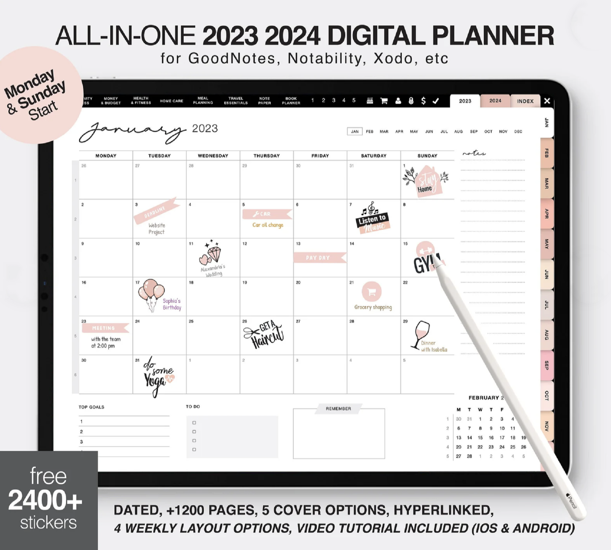 2023 Digital Daily Planner for iPad Compatible with Goodnotes and Notability