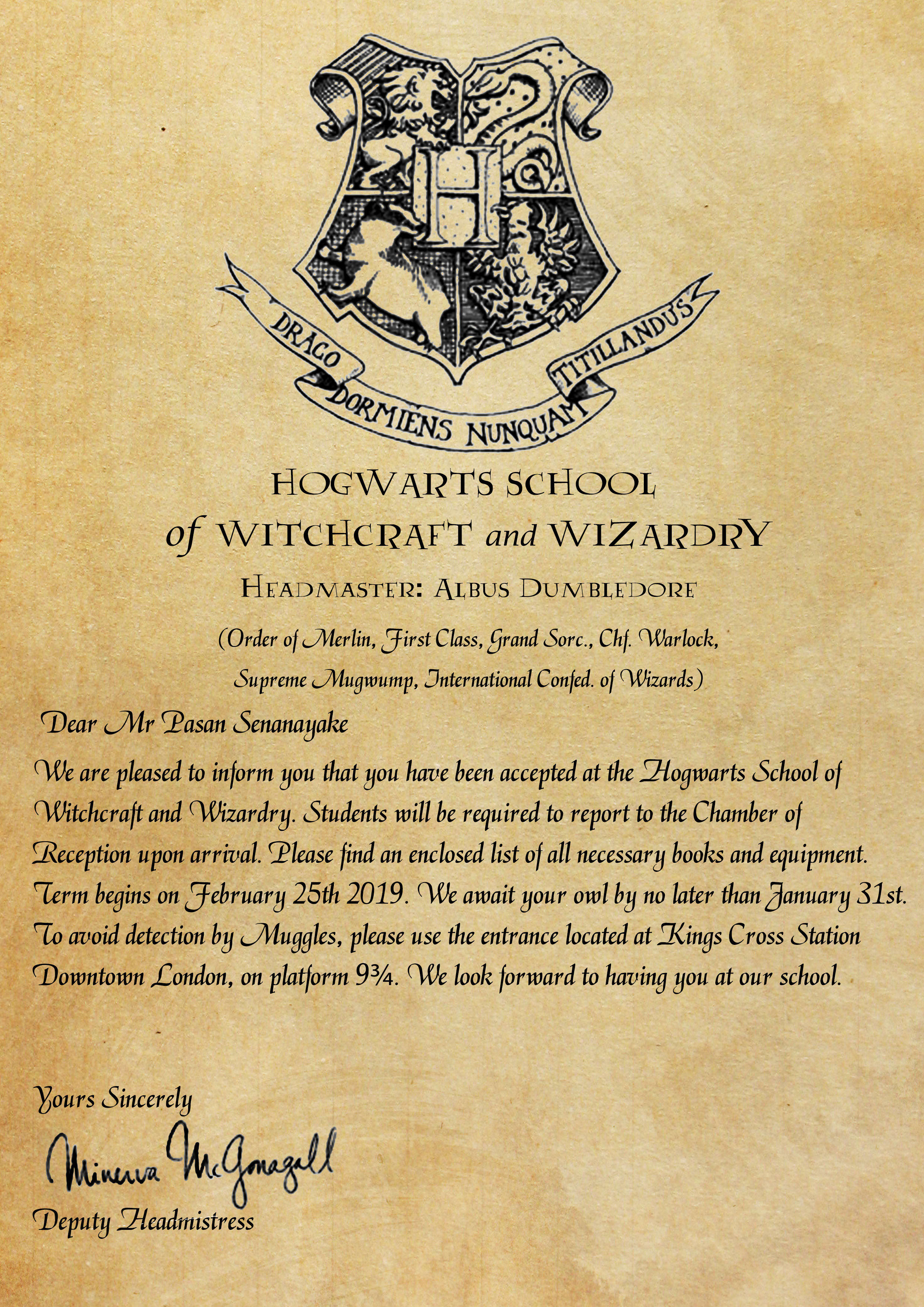 Personalized Hogwarts acceptance letter