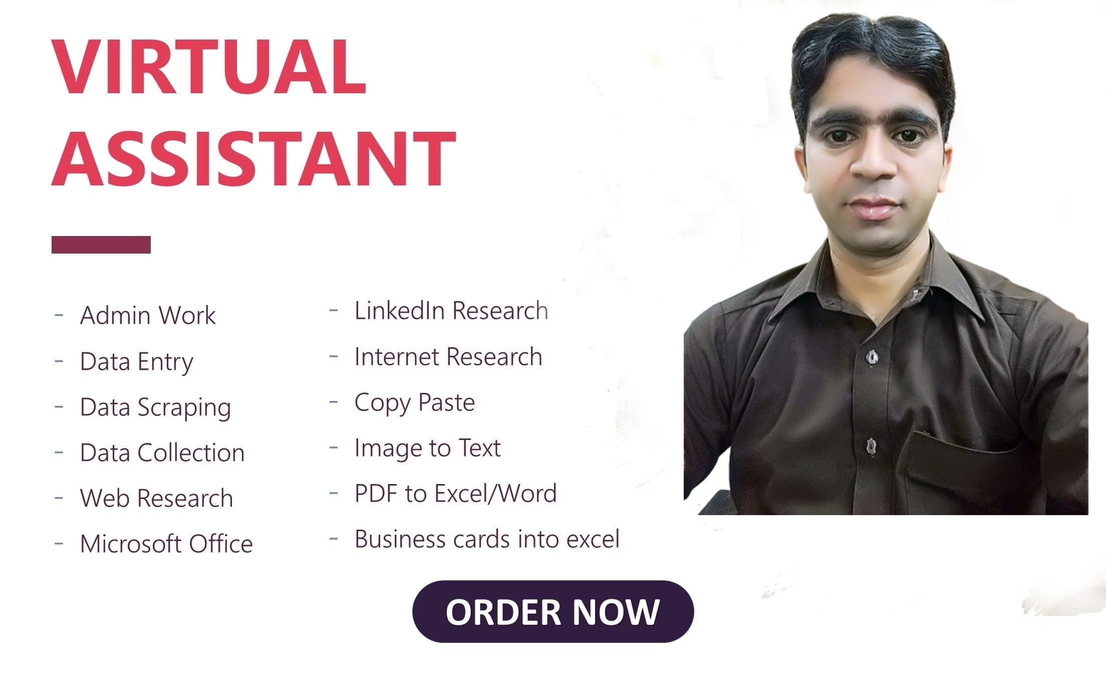 I will perform virtual assistant for excel, data entry jobs, typing job, copy paste work