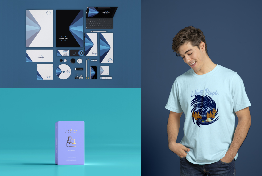 I will do a 3d Logo mockup, T-shirt mockups, and Product Packing box design