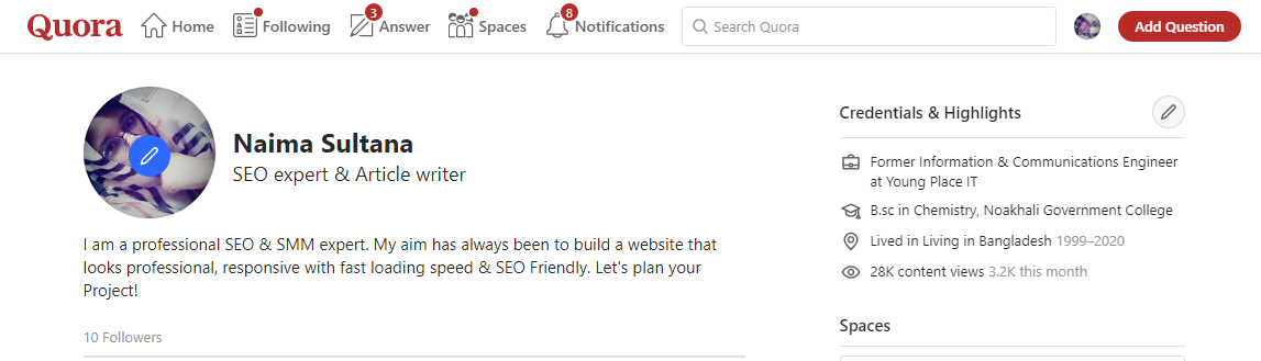 Ensured focused on 70 Quora answer
