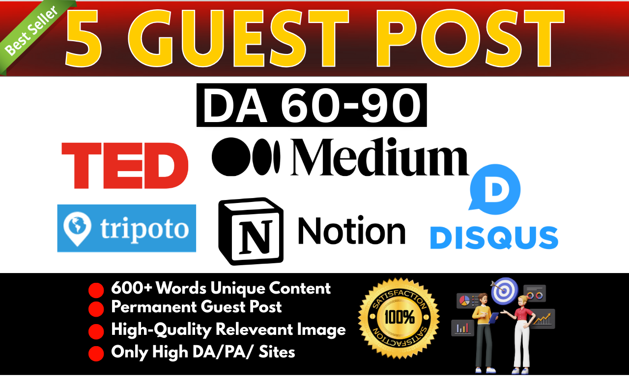 Write and Publish 5 Guest Posts with DA 60-90+ On High DA PA Backlinks