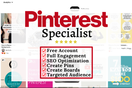 I will do Pinterest marketing, create seo optimized 50 pins and boards to grow website traffic