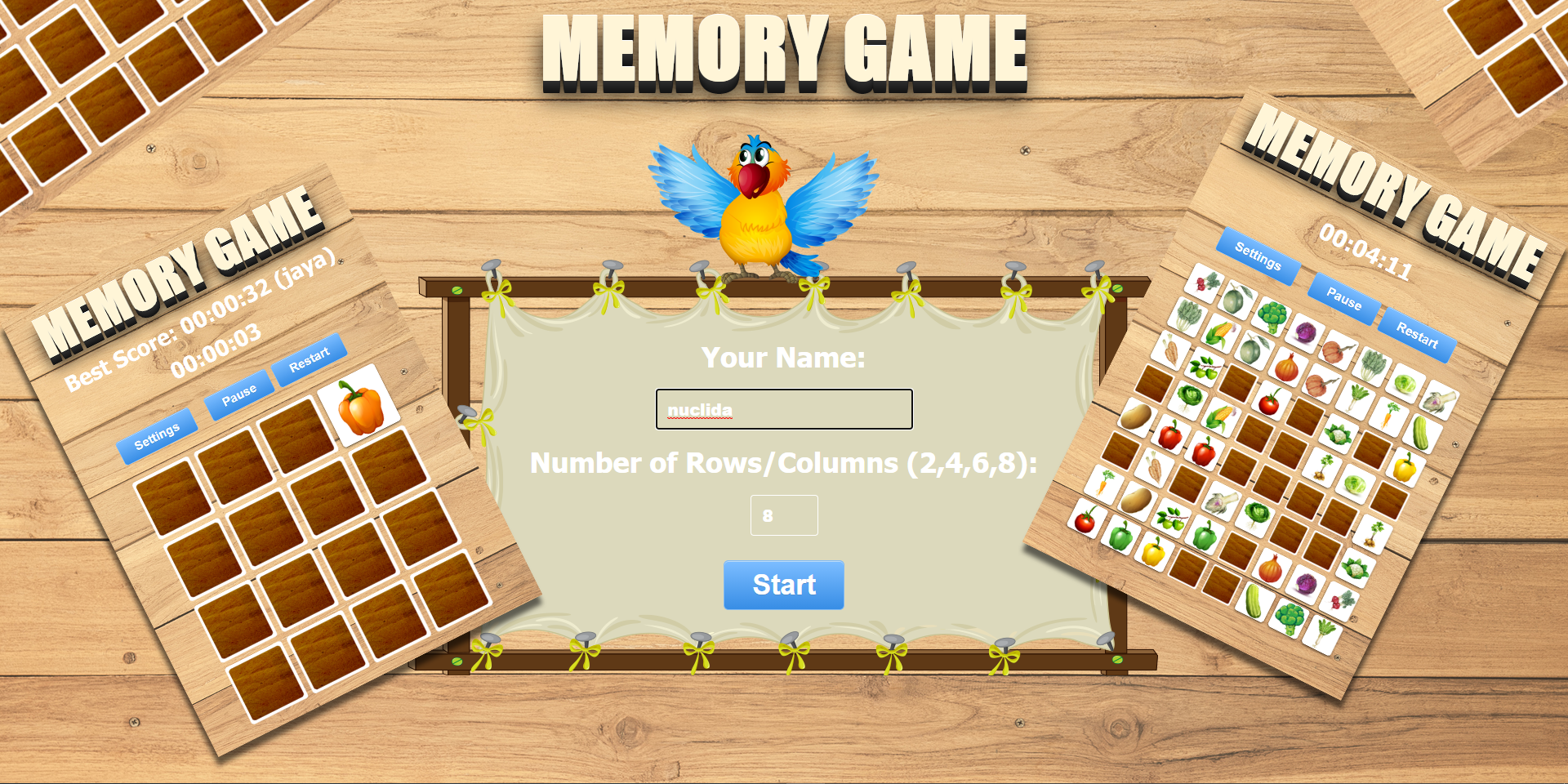 VEGETABLES GAME ANIMALS GAME BIRDS GAME Number of Rows/Columns (2,4,6,8) Source Code Available