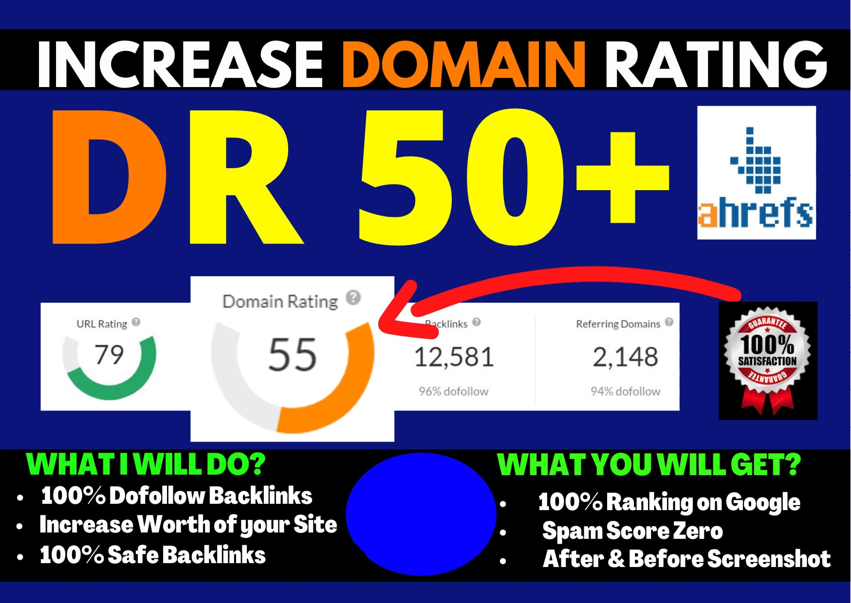 I will increase Domain Rating increase Ahrefs DR 50+ no redirect link and it will be permanent