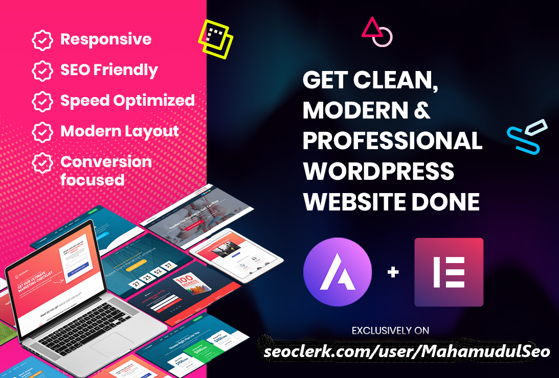 I will install Elementor Pro, Astra Pro, Wp Rocket, Crockblock Wordpress Website Design