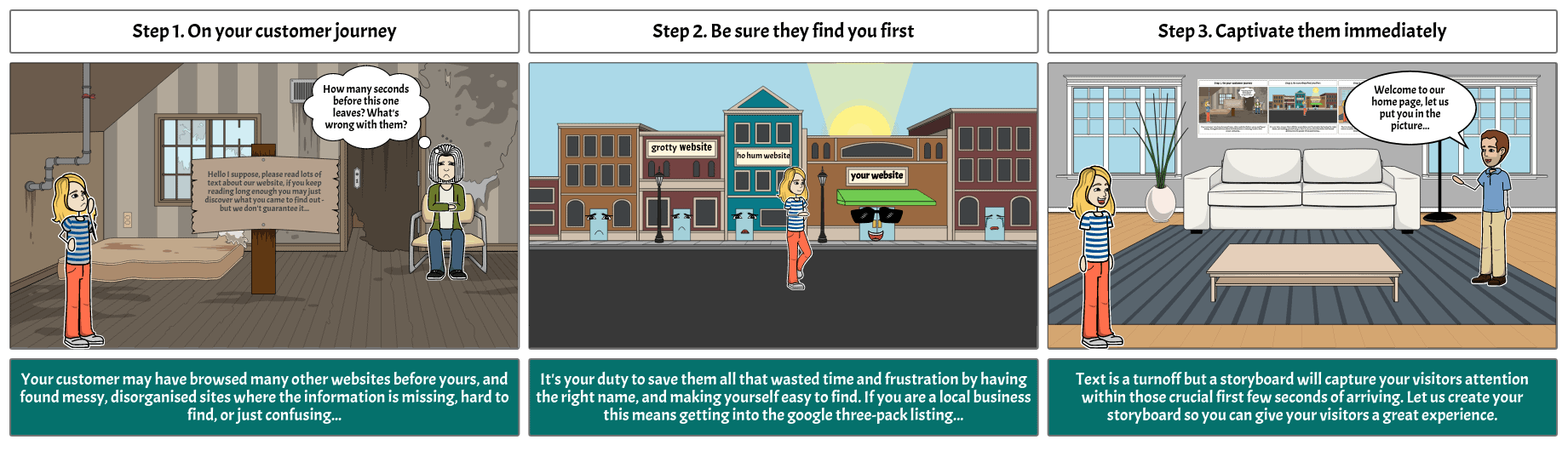 I will create a captivating and humorous storyboard up to six frames for your brand