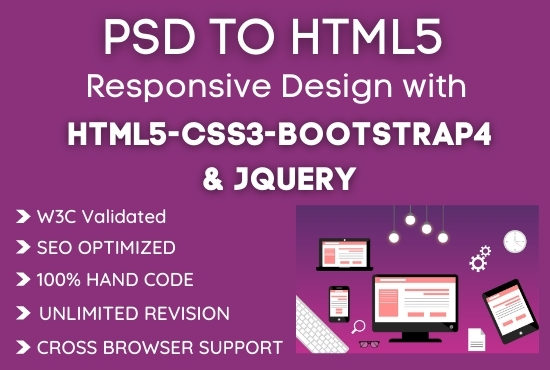 I will convert any PSD Sketch XD Figma PDF to Responsive HTML design with Bootstrap4