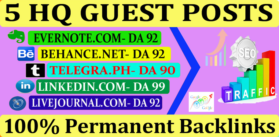 Write & publish 5 guest posts DA 90+ high quality sites with permanent links