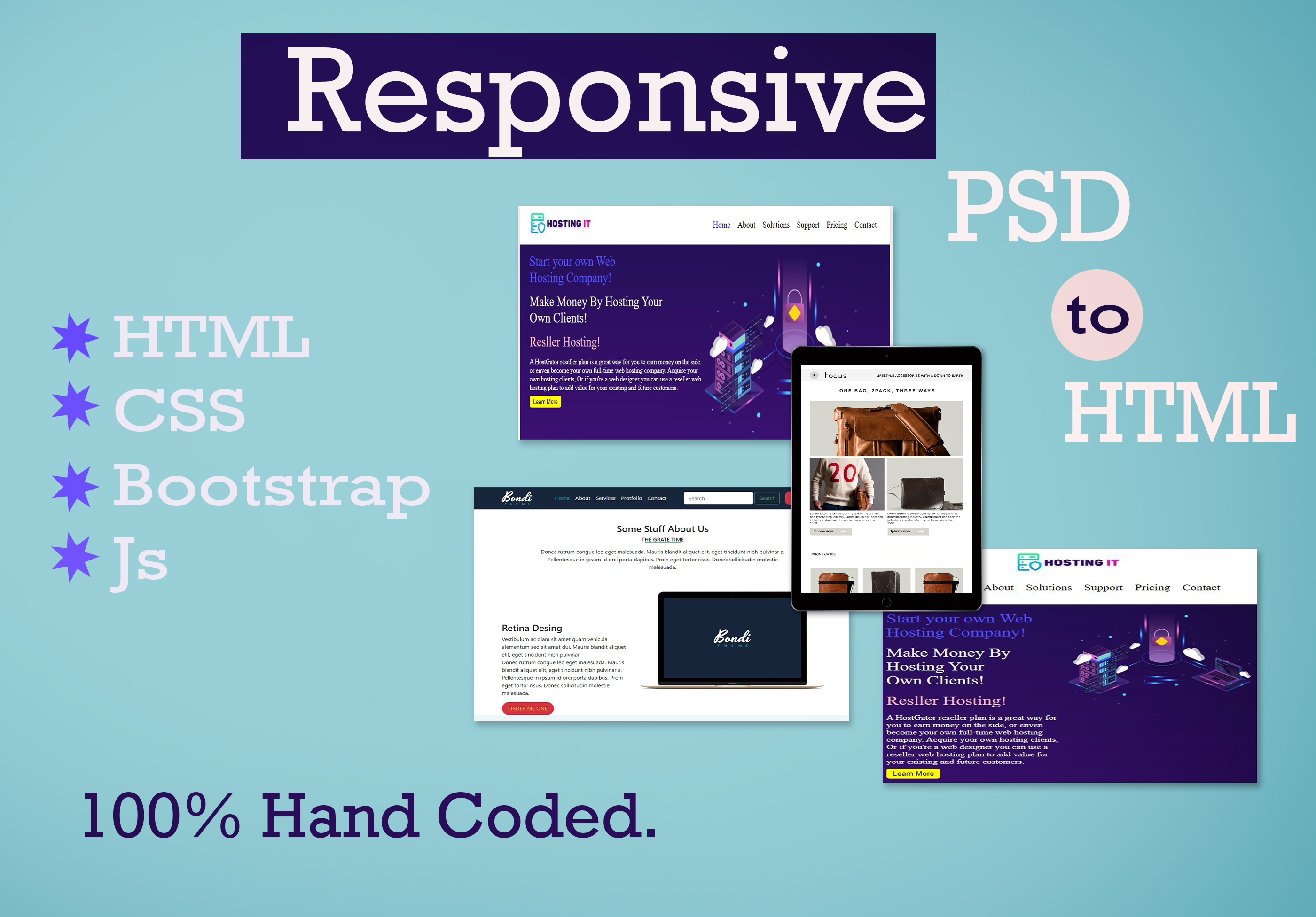 Convert PSD to HTML with Responsive webpage. Html. Css, Bootstrap, js