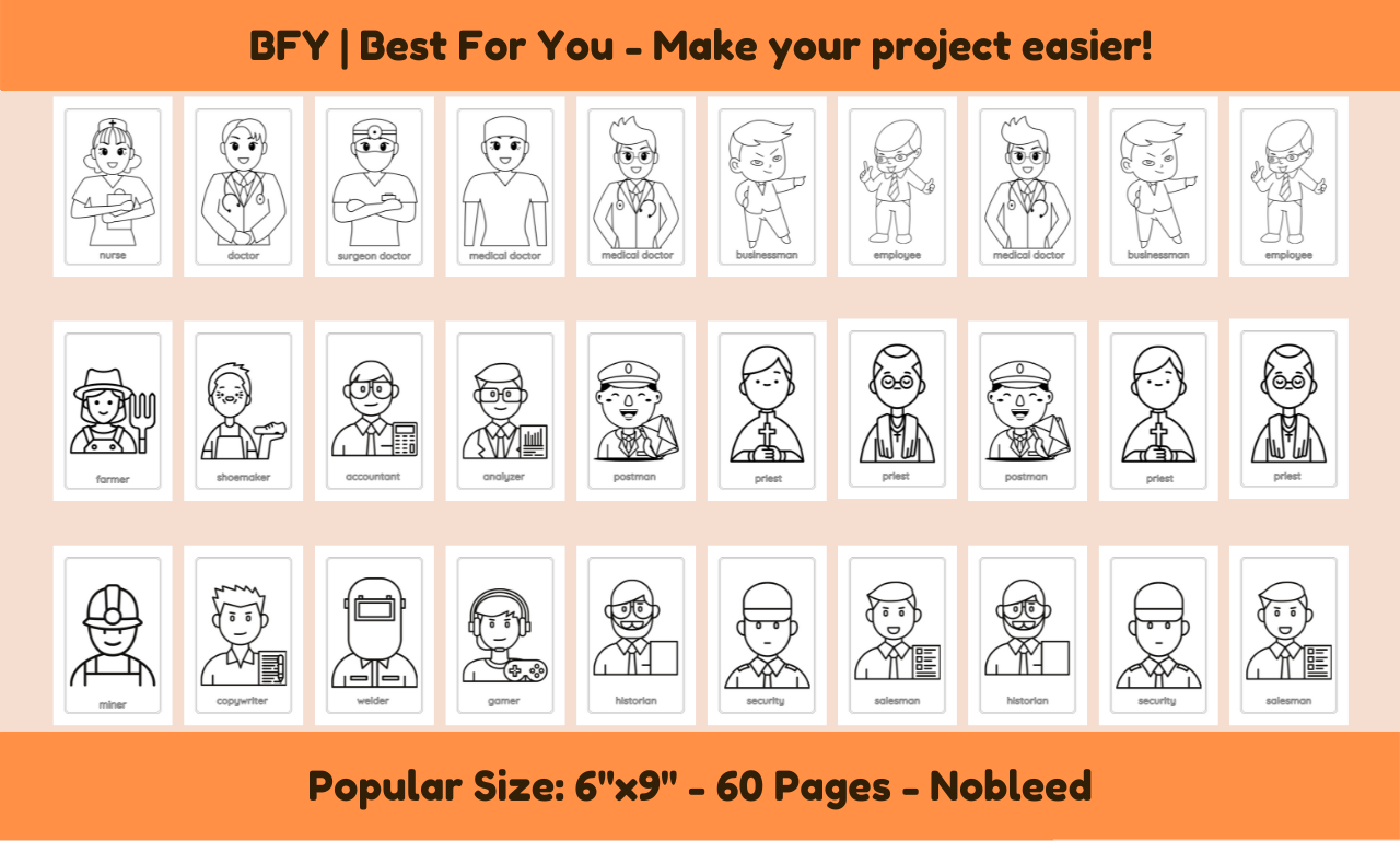 I will provide a coloring book professions 6x9 60 pages, free book cover