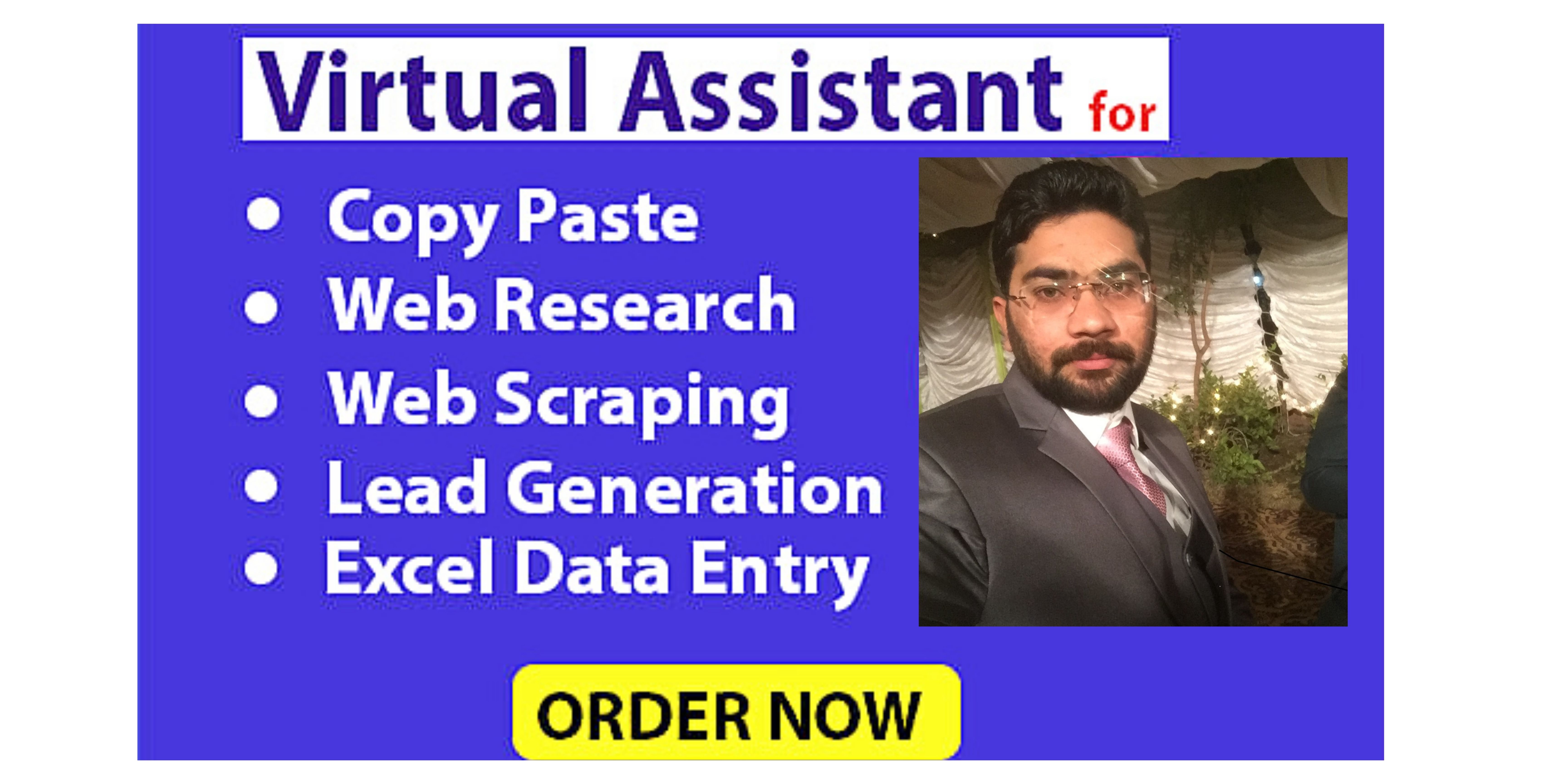 I will be your virtual assistant for excel data entry, data scraping and web research