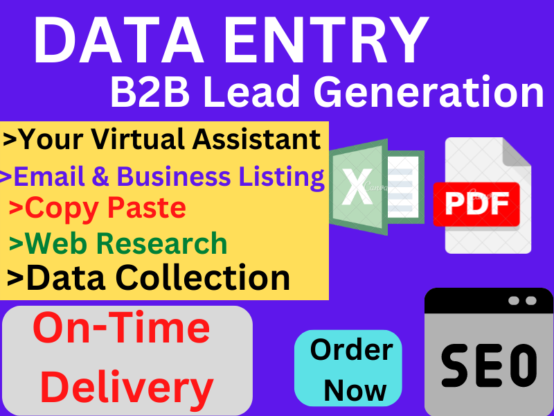 I will do 200 data entry, data mining, Virtual Assistant and web research B2B lead Generation