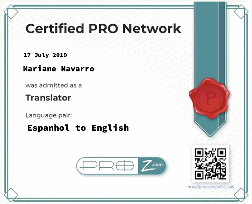 Translator Certified Portuguese, English, Spanish, French 