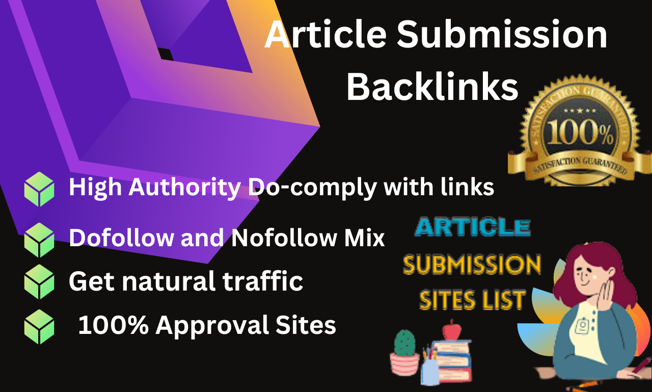 100 article submission backlinks on high authority sites with image