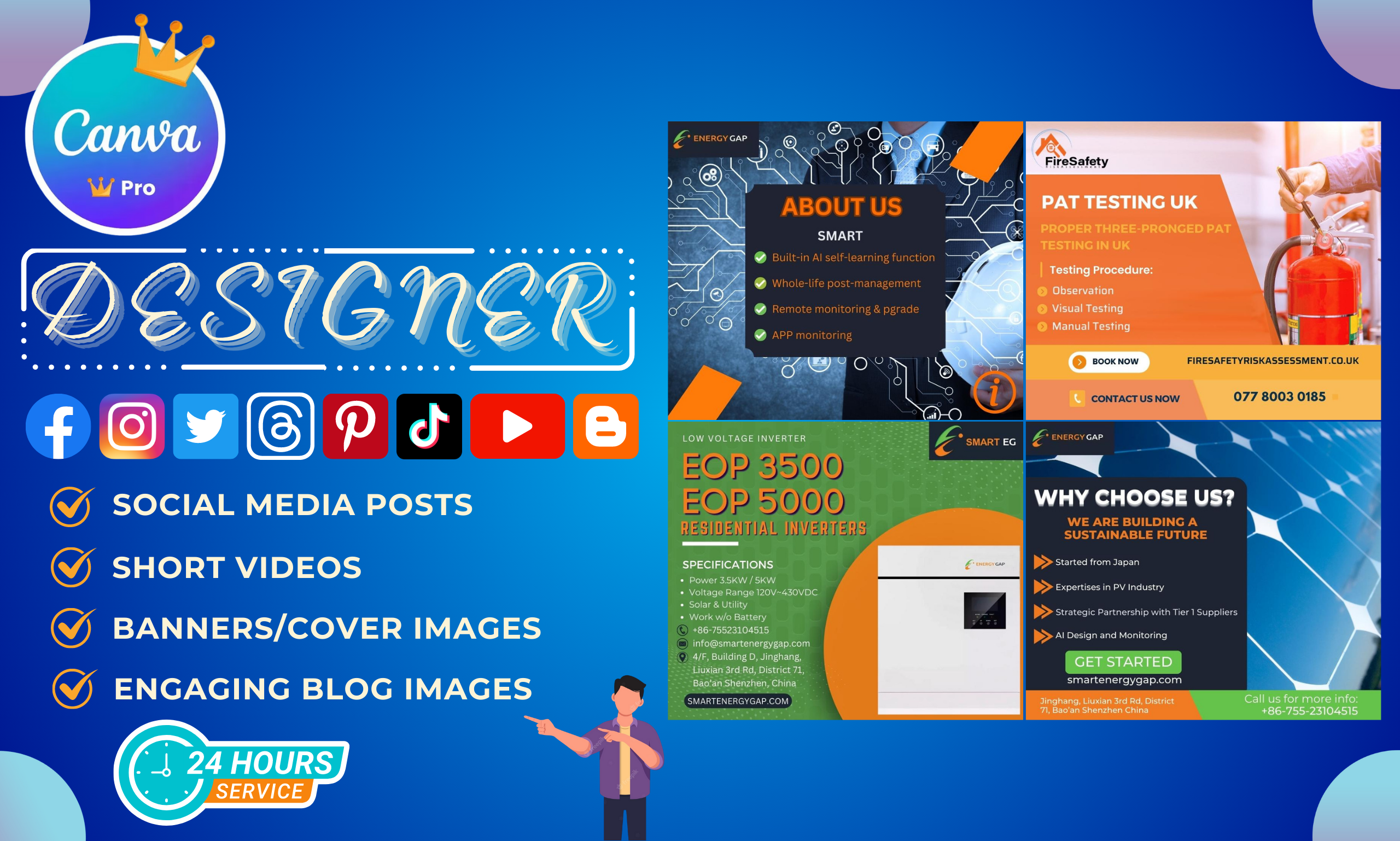 Social media posts,  banners,  videos,  blog images,  anything using canva