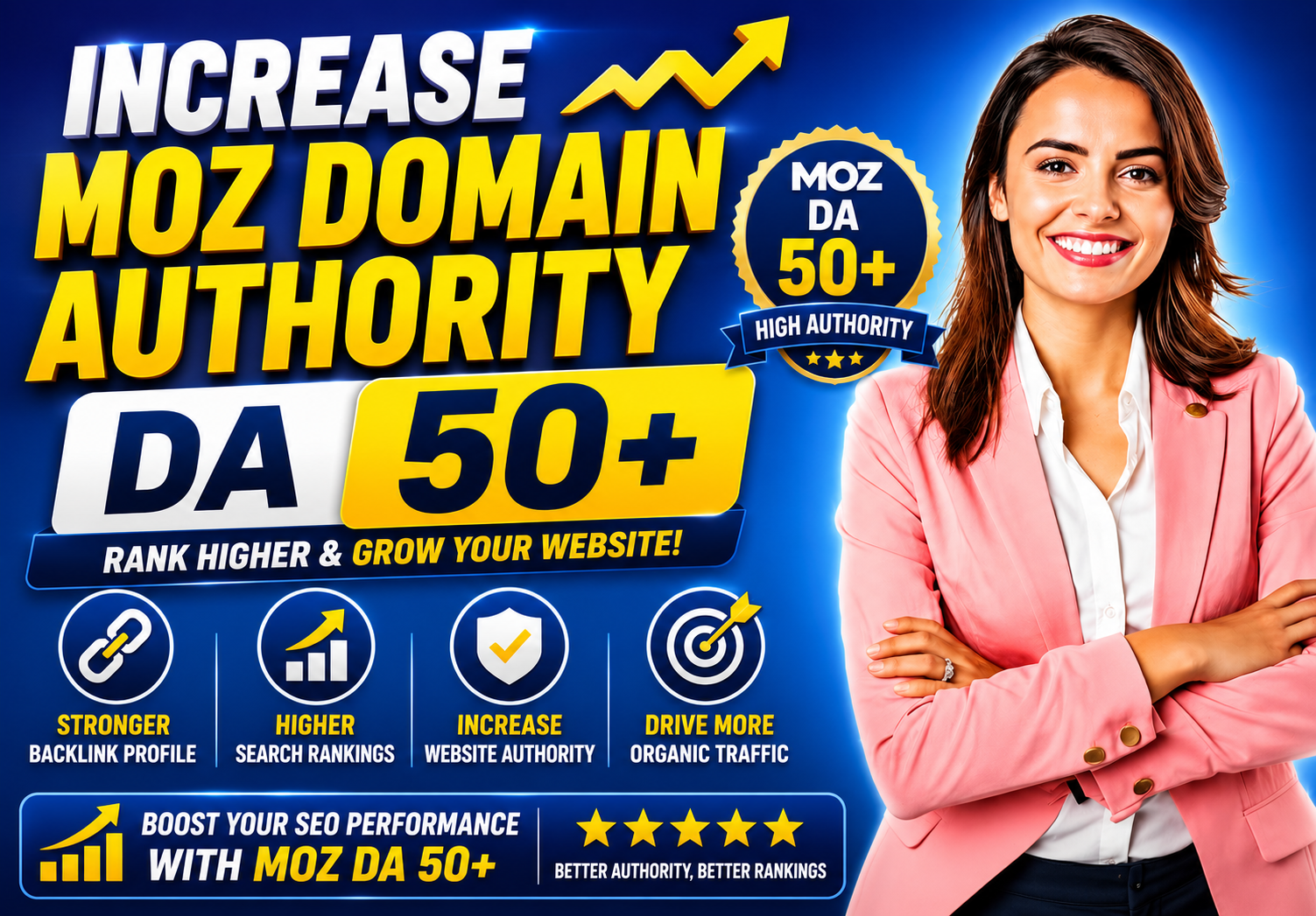I will increase domain authority moz da 50+using white hat SEO backlinks
