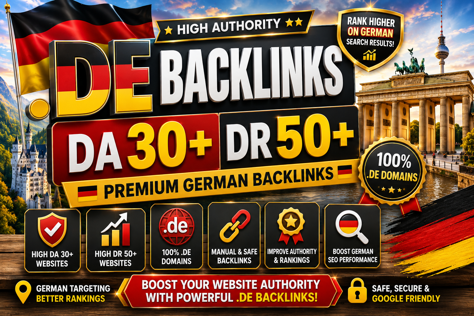 I will create 10 High DR 50+ and DA 30+ .DE Backlinks