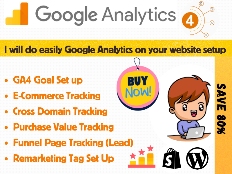 I am offering to configure Google Analytics 4, optimize ecommerce monitoring, and implement GA4 serv