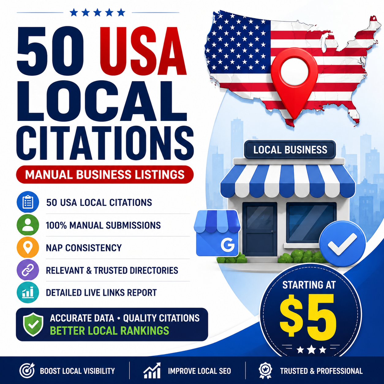 I will create 50 manual USA local citations for local SEO