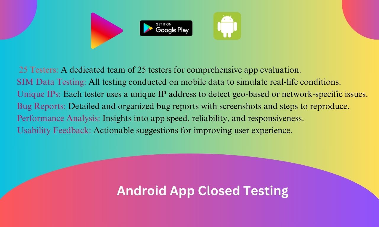 I will test your android app closed testing 25 testers with unique sim data and ips