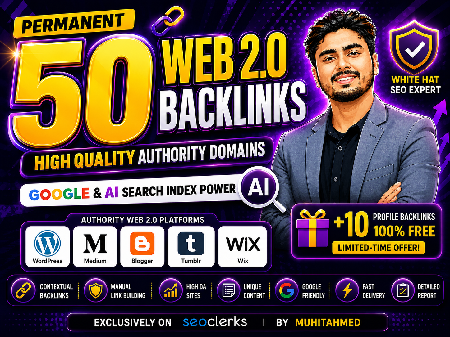 Provide Permanent 50 High Quality Web 2.0 Backlinks - Google and AI search Index Authority Domains