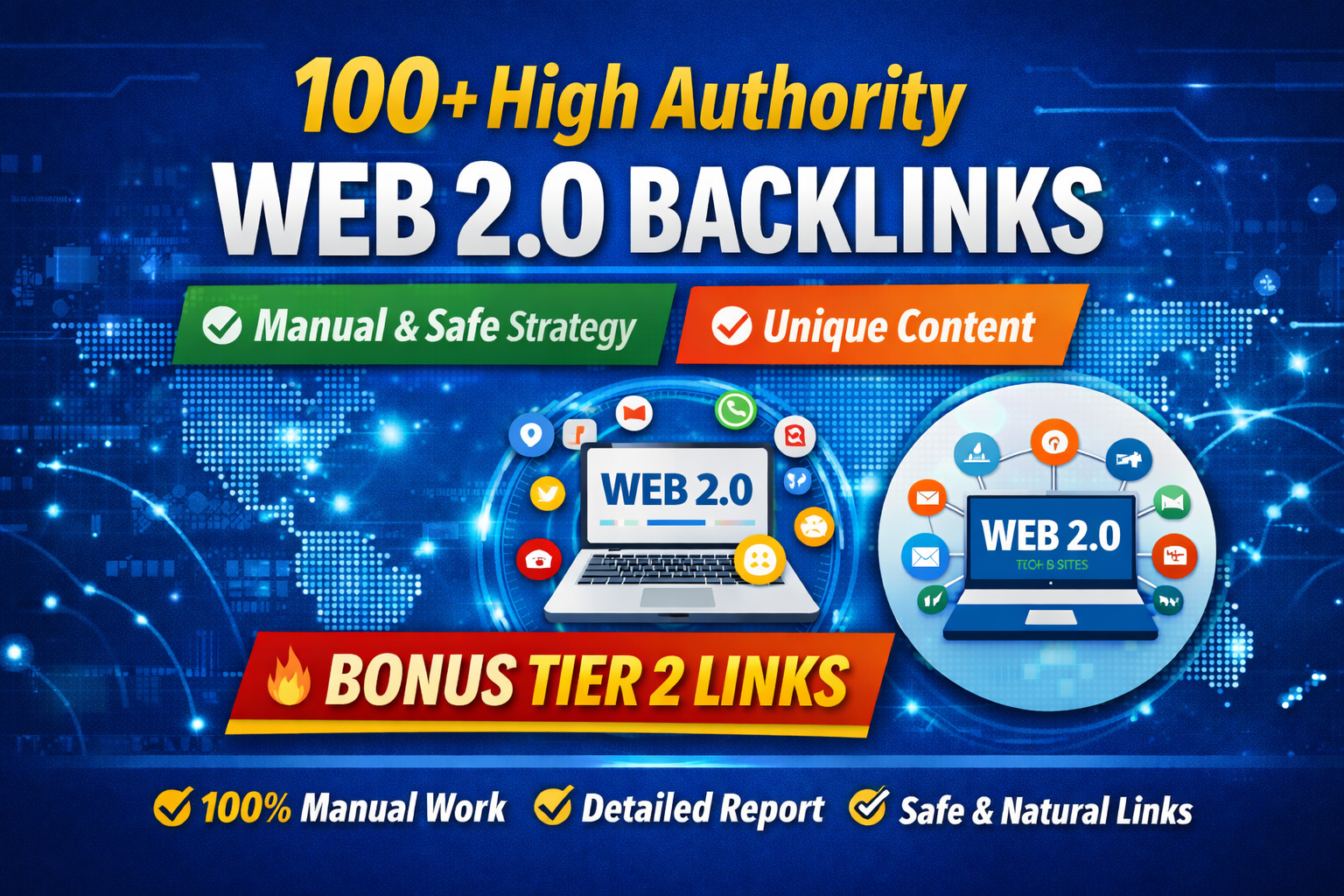 I will create 100+ high authority Web 2.0 backlinks with manual and safe link strategy