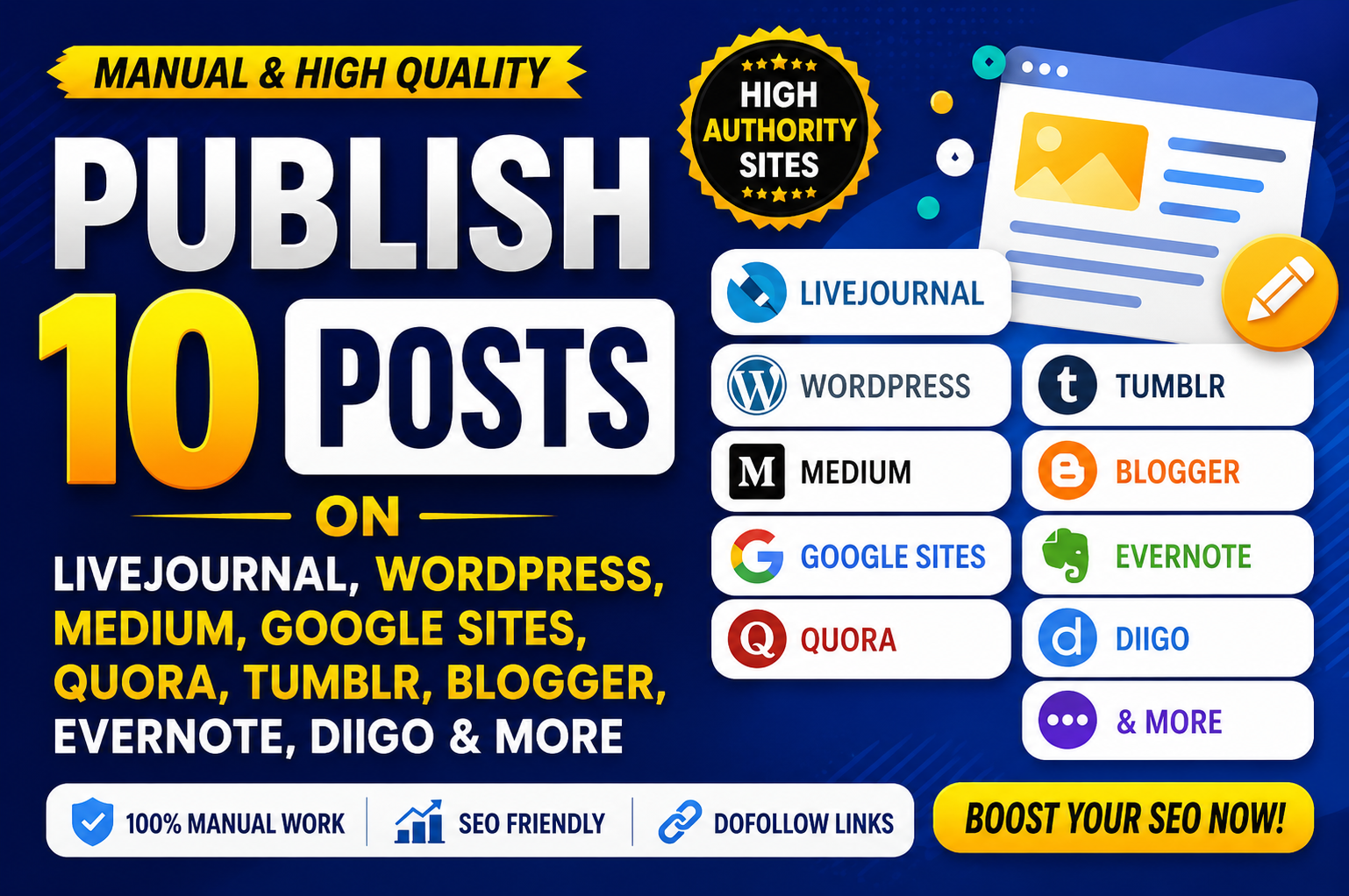 Publish 10 Posts on LiveJournal, WordPress, Medium, Google Sites,Quora,Diigo,Blogger,Evernote more