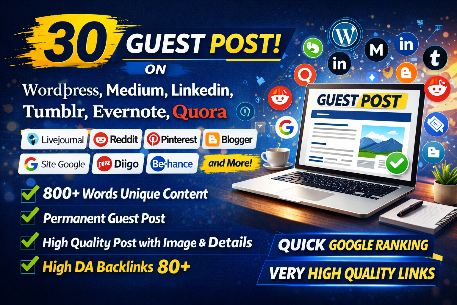 30 Guest Posts on WordPress, Medium, Linkedin, Tumblr,Evernote, Quora,Livejournal,Reddit DA80+ Sites