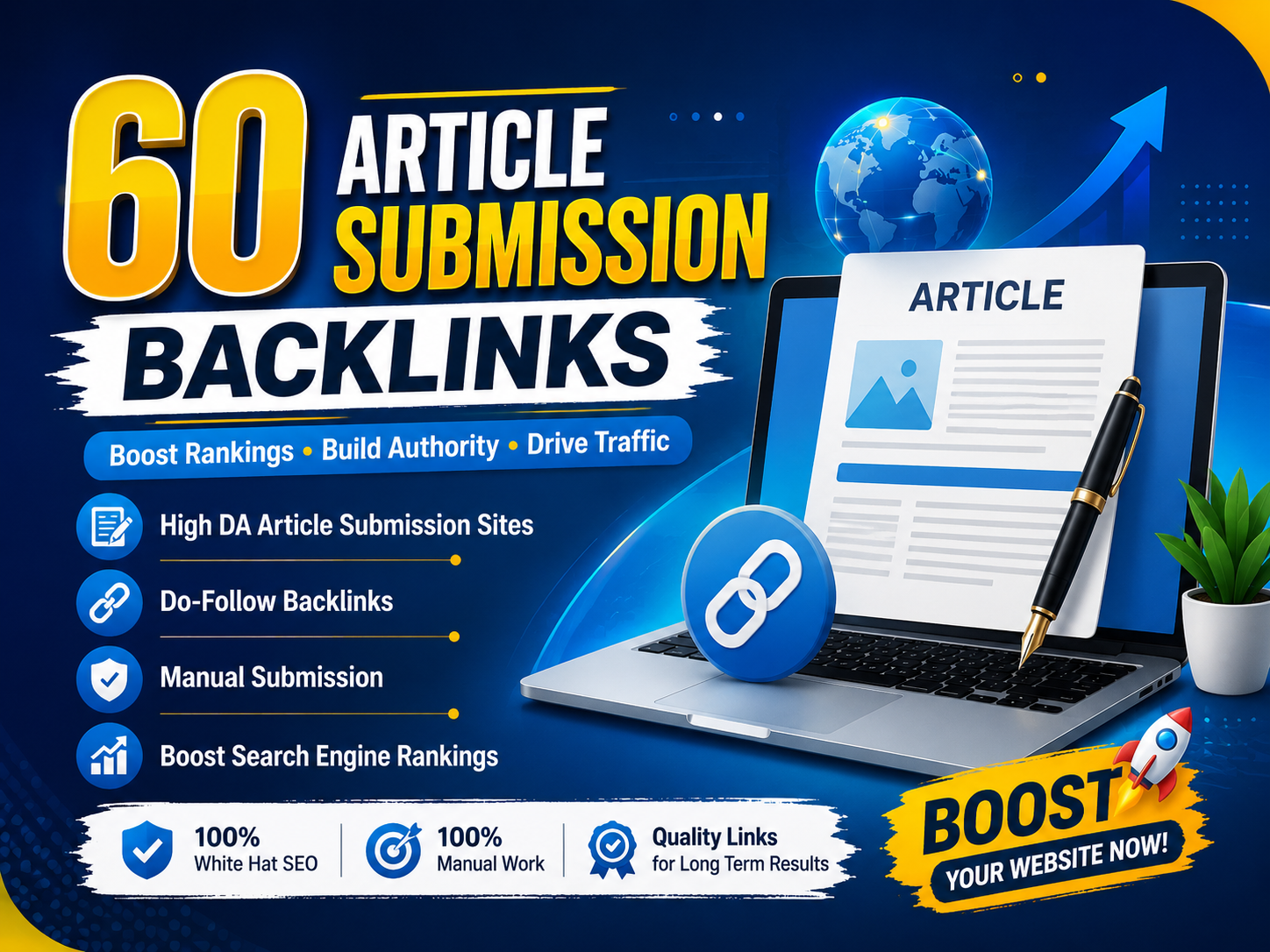 I will build 60 manual article submission backlinks for SEO and link building