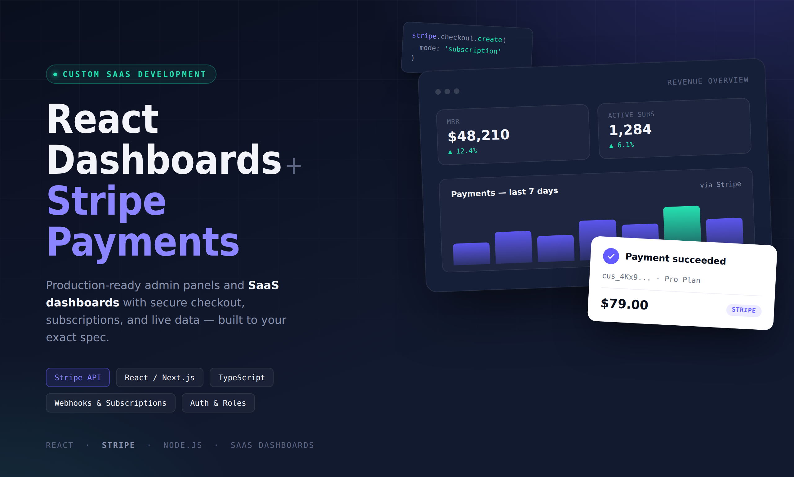 I will develop a custom React admin dashboard with Stripe payments