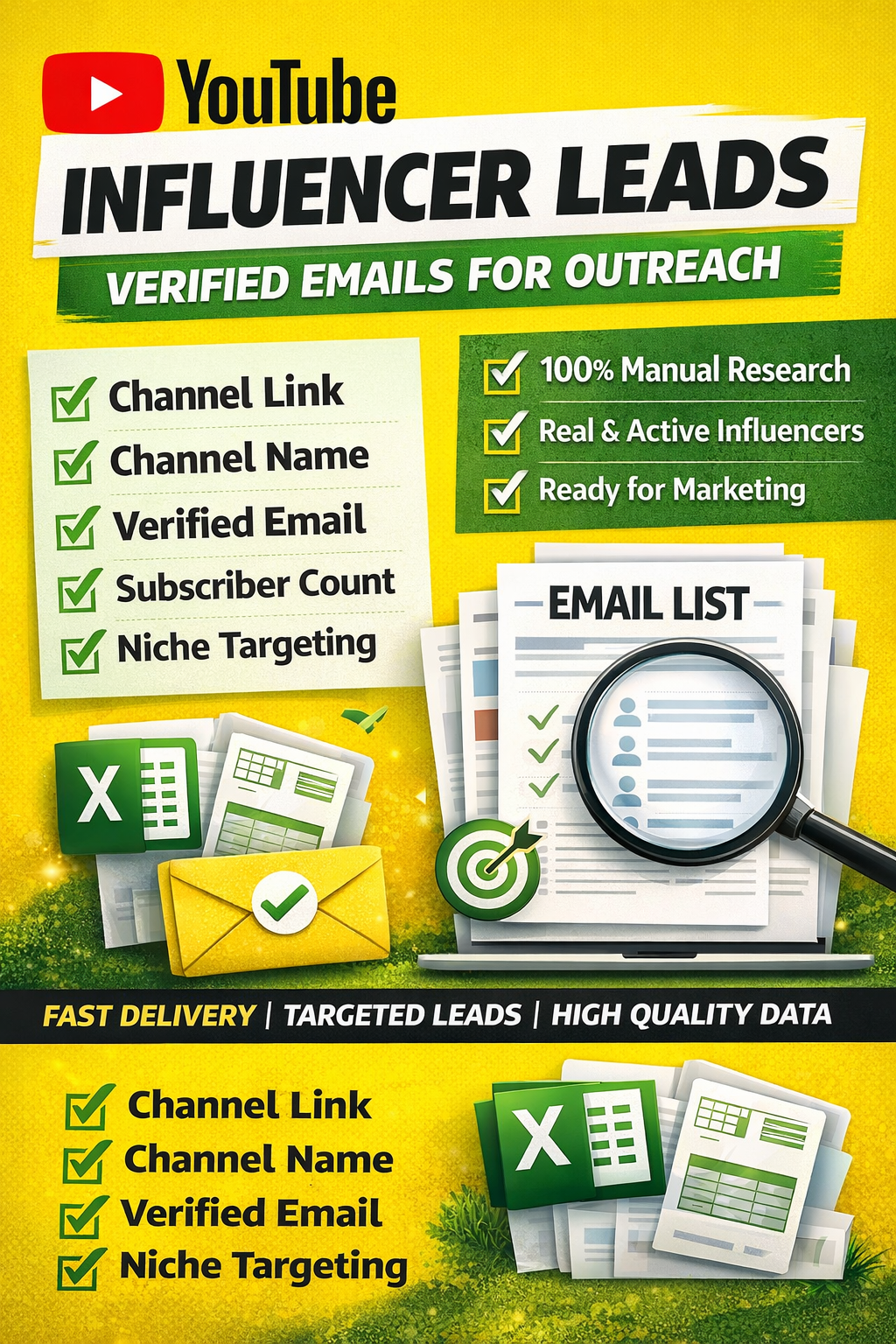I will do youtube influencer research and provide 20 verified email leads