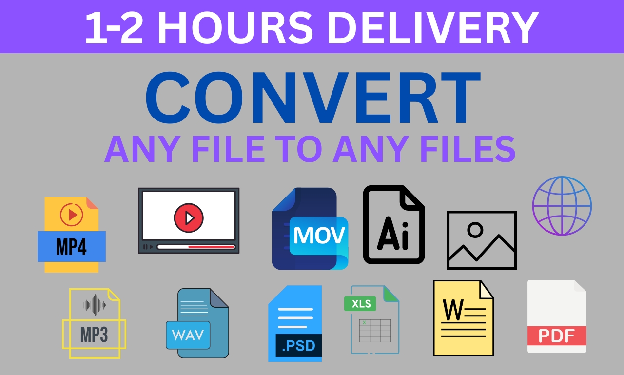 I will convert any file format mp4, mp3, wmv, PSD, ai, PDF, word