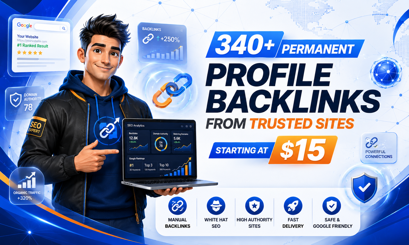 I will manually create 340+ high-authority profile backlinks from trusted websites
