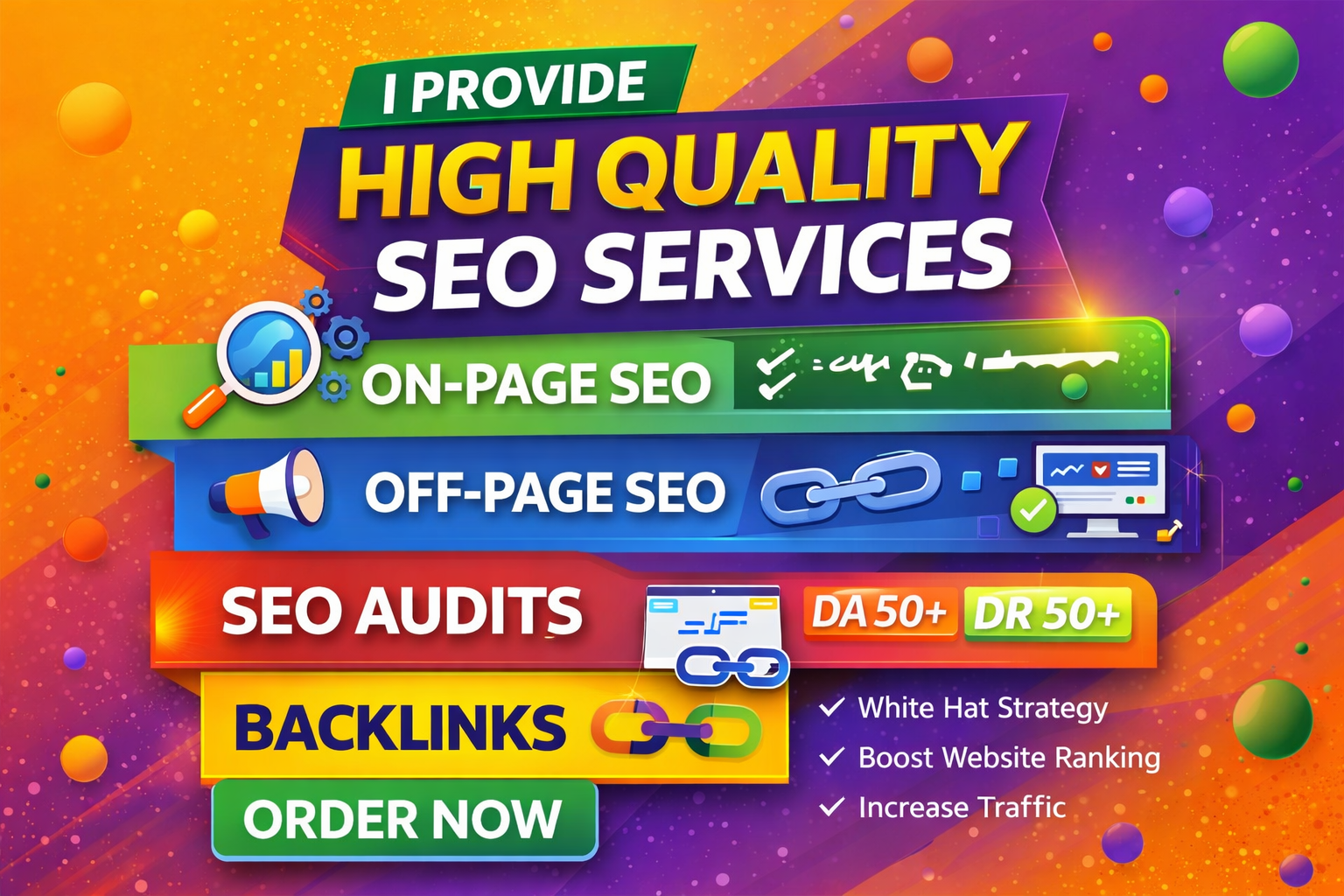 I will provide on page SEO, off page SEO, SEO audit...