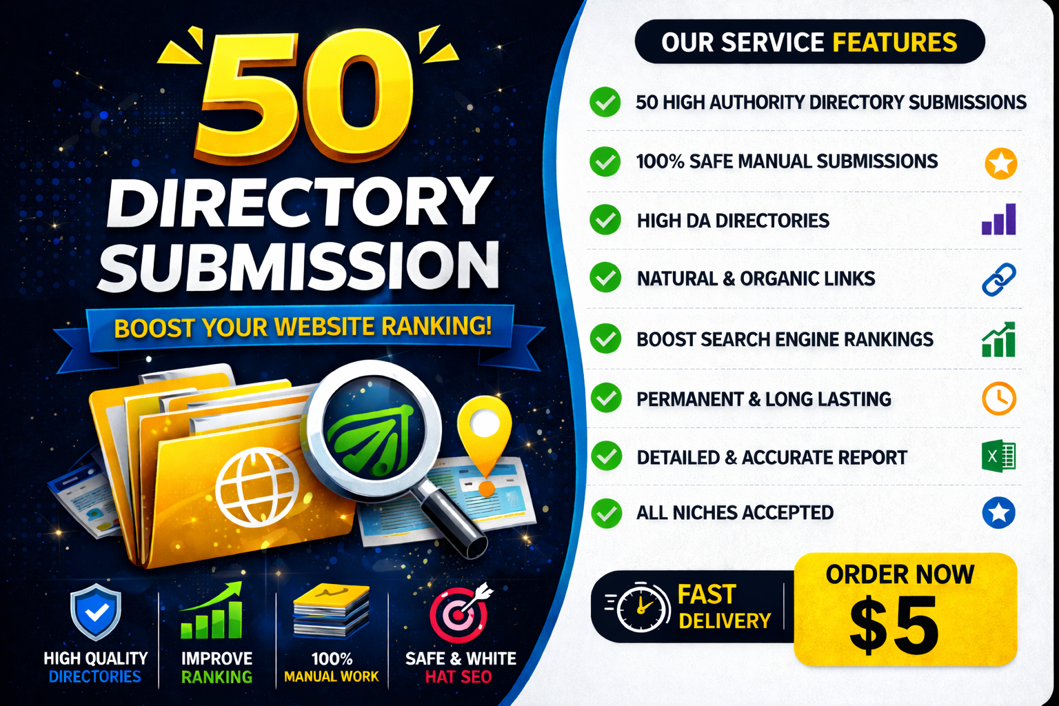 I will create 50 SEO directory backlinks manually