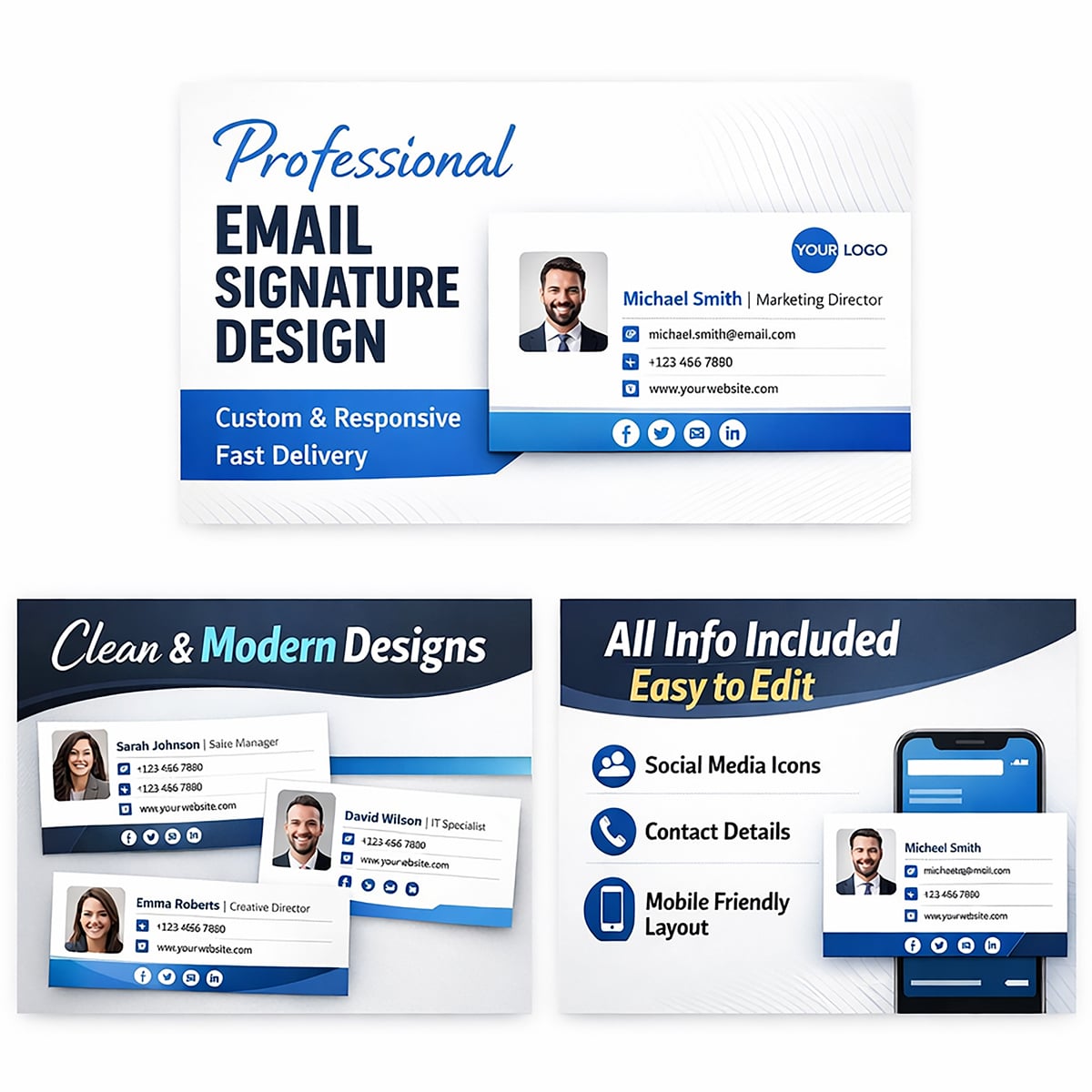 I will design professional clickable HTML & animated email signature for Gmail, Outlook
