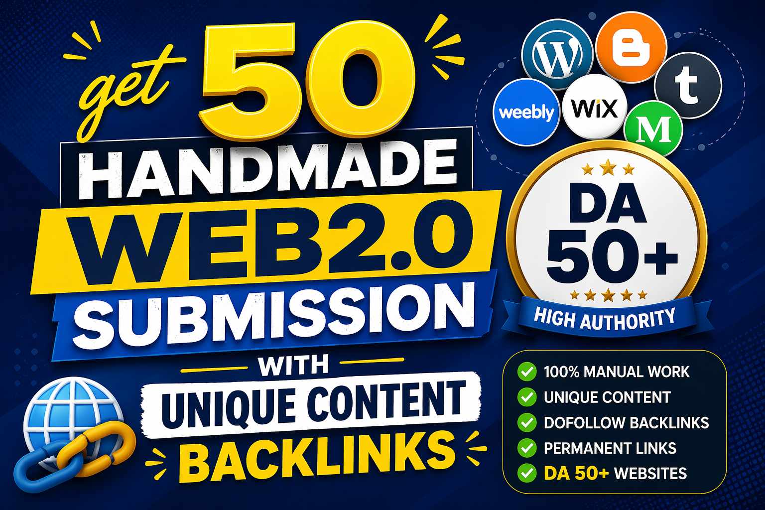 get 50 handmade web2.0 Submission with unique content backlinks DA 50+