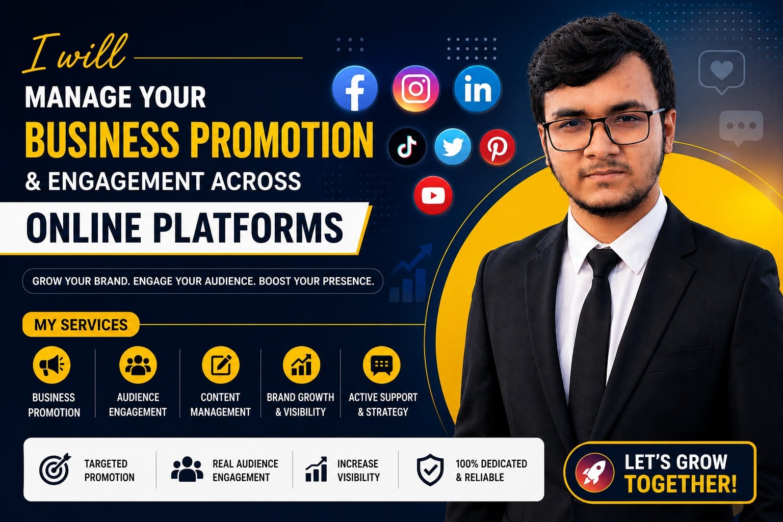 I will manage business promotion, ad campaign and audience engagement across online platforms.