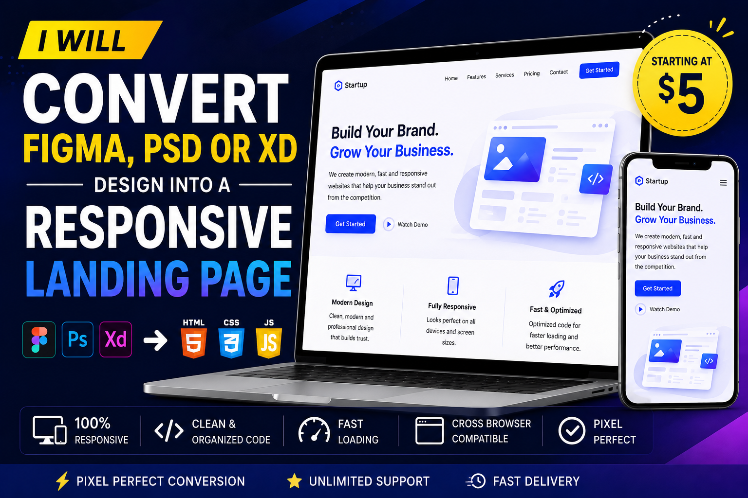 I will convert your Figma, PSD or XD design into a responsive landing page
