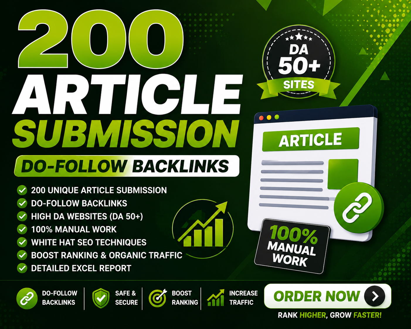 I will do article submission backlinks from da 50 plus websites